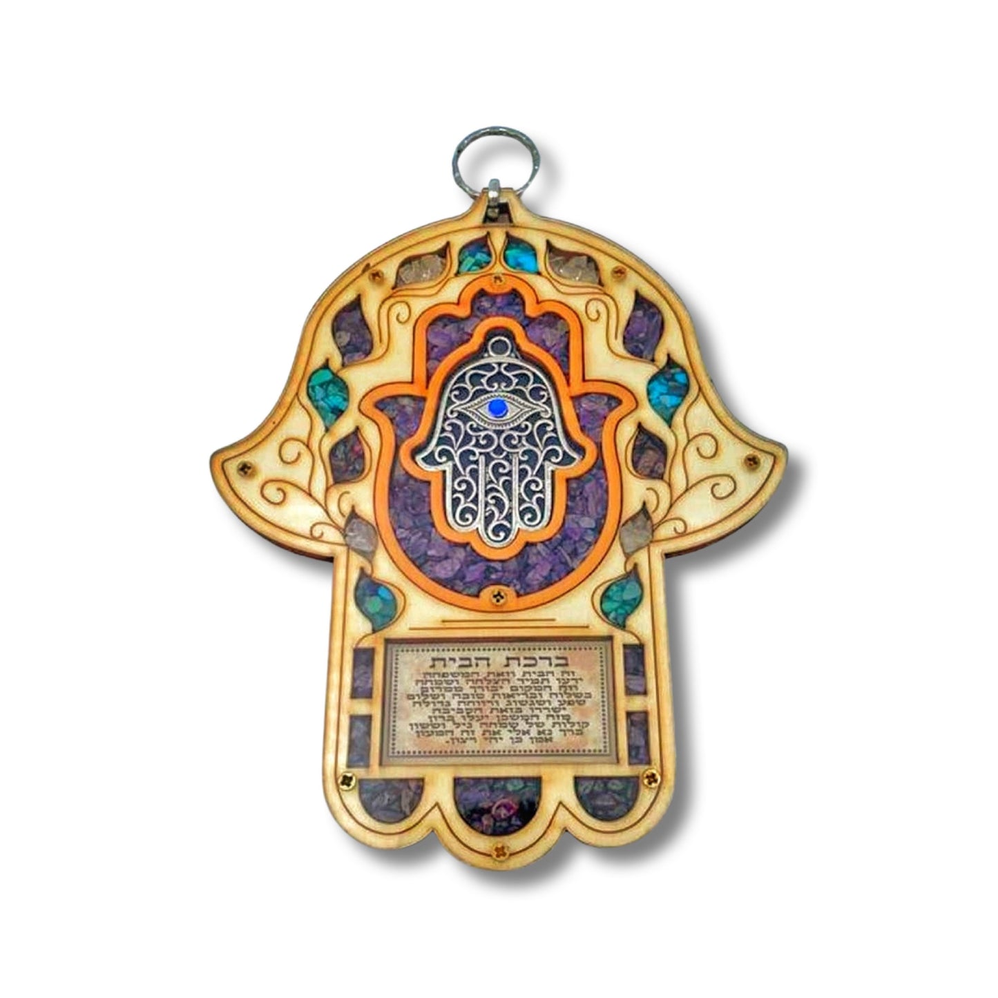Wood Triple Hamsa Home Blessing with gemstones