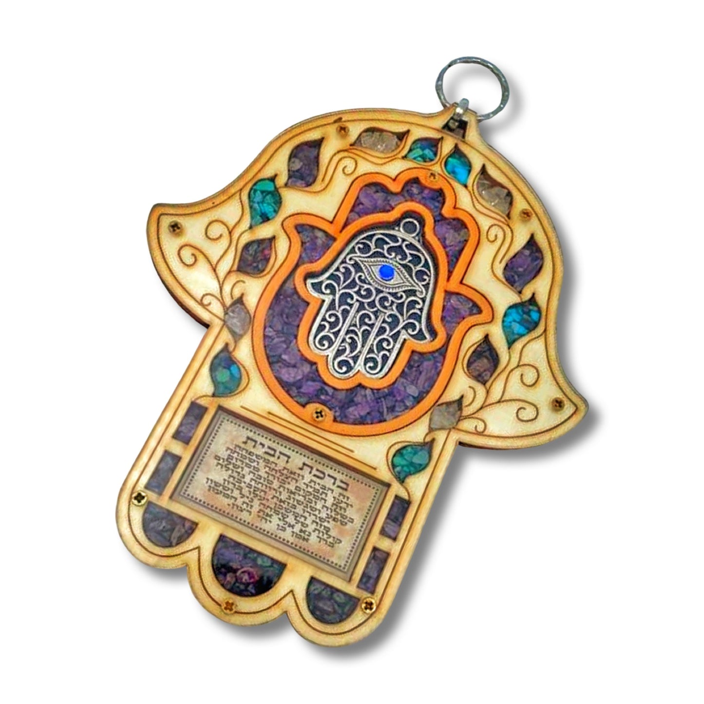 Wood Triple Hamsa Home Blessing with gemstones