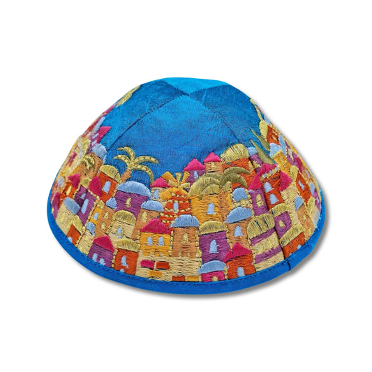 Jerusalem Embroidered Kippah Blue/Gold/Silver