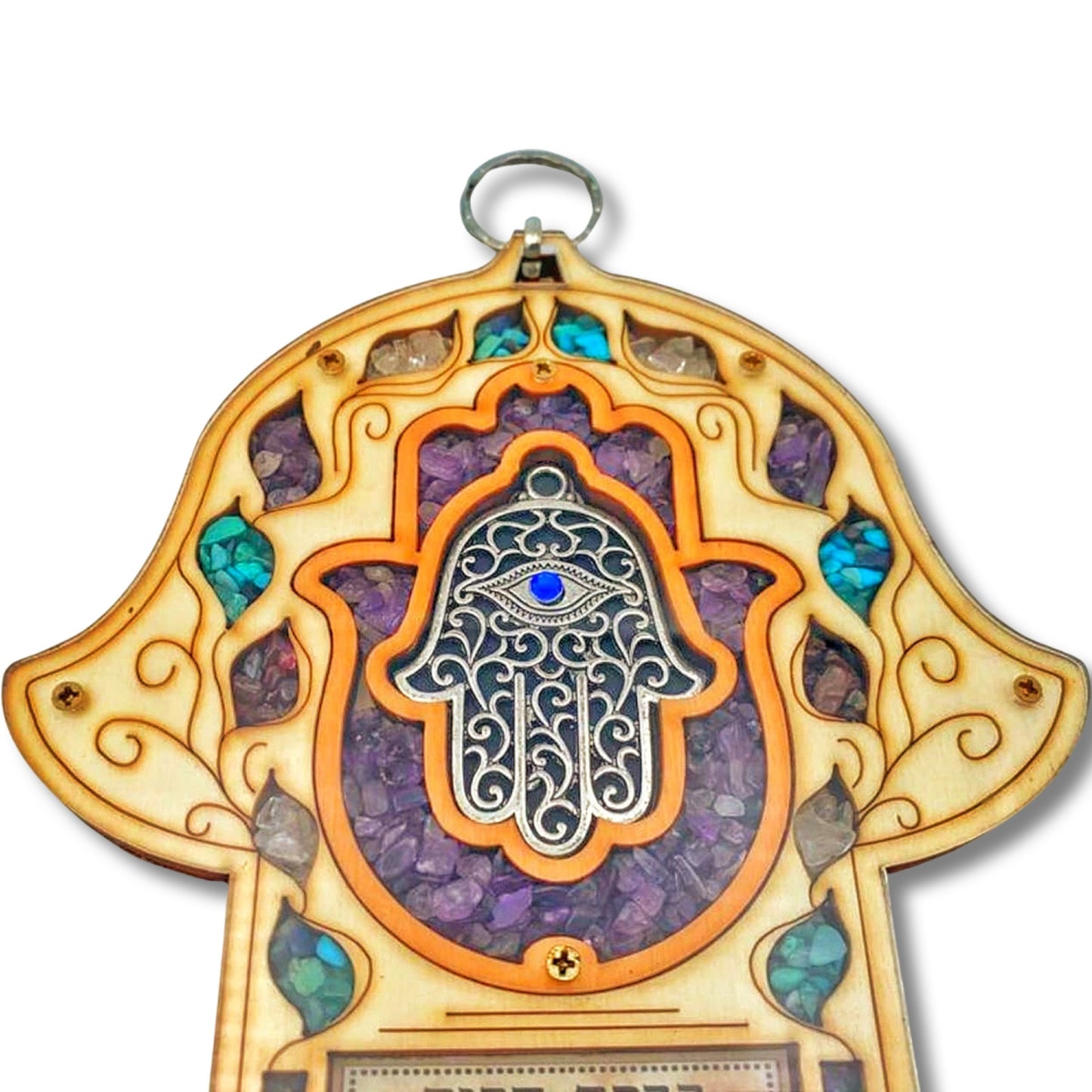 Wood Triple Hamsa Home Blessing with gemstones