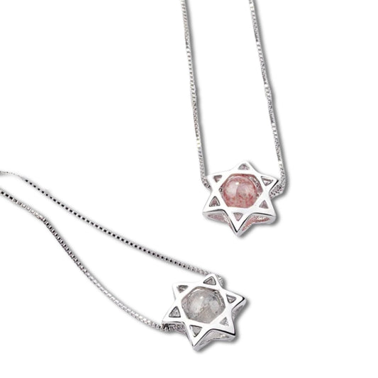 Sterling Silver Star Of David Necklace With Pink/White Quartz