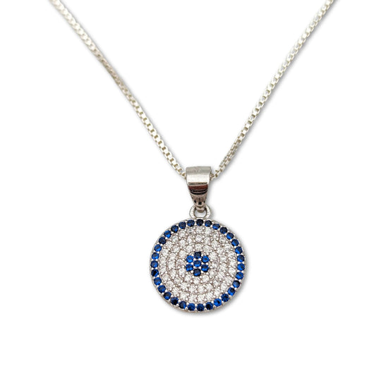 Blue Eye With Crystals Silver Necklace