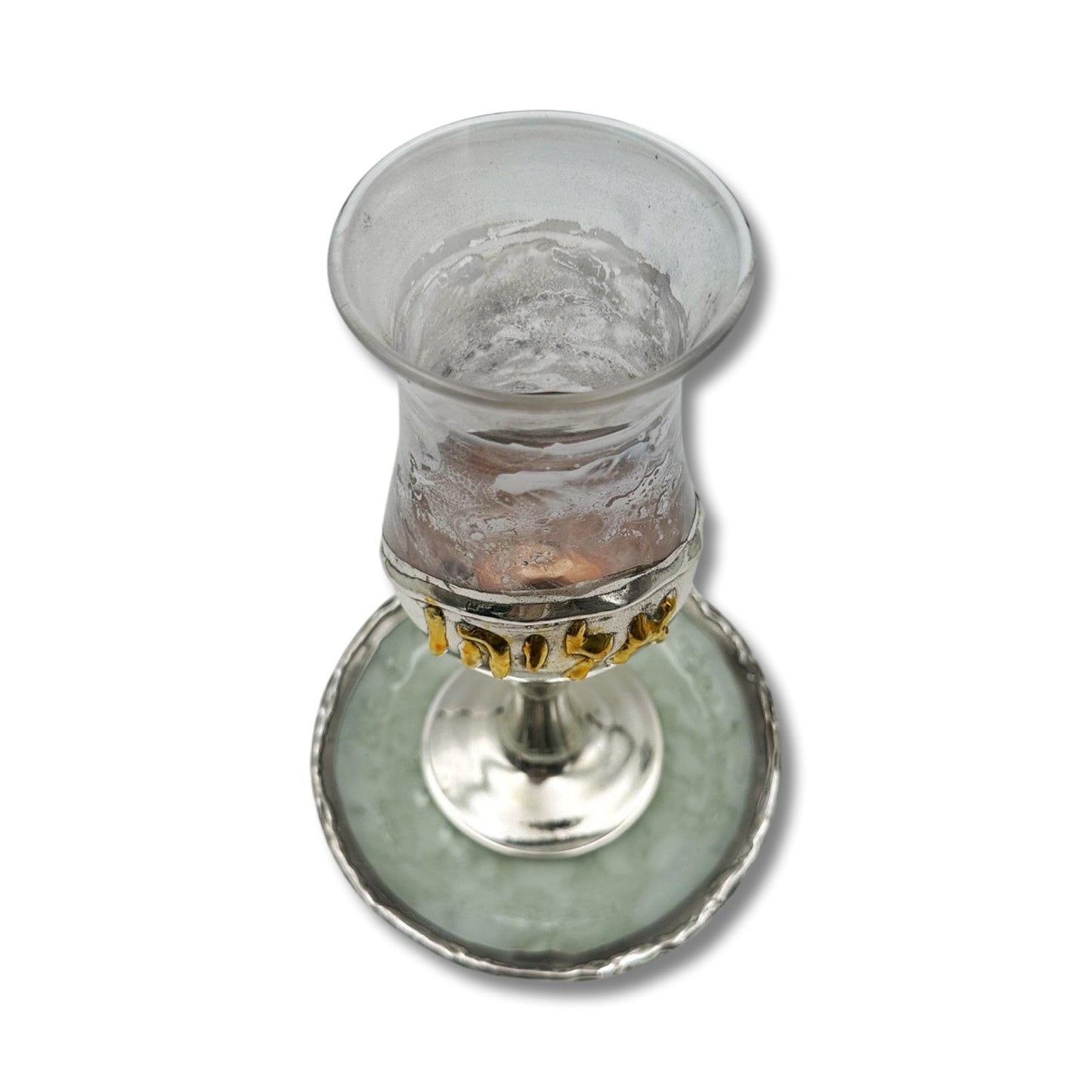 White Eliyahu/Name Kiddush Cup Silver Gold & Glass